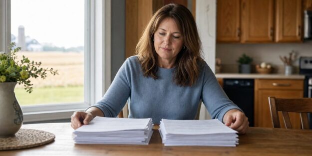 Iowa adult reviewing two stacks of paperwork at a kitchen table, calm and thoughtful