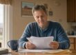 Middle-aged Iowa adult calmly reviewing tax paperwork at a sunlit kitchen table