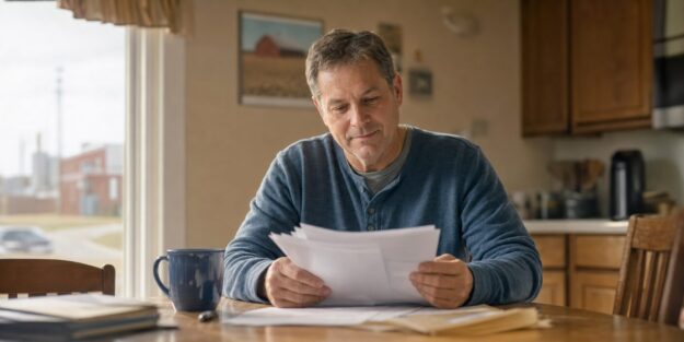 Middle-aged Iowa adult calmly reviewing tax paperwork at a sunlit kitchen table