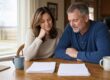 Iowa couple at a kitchen table comparing two stacks of paperwork, calm and thoughtful