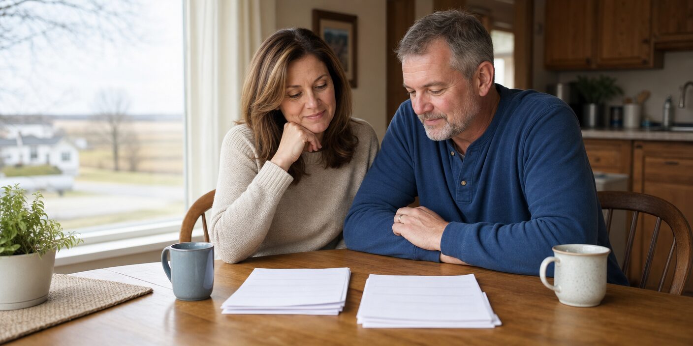 Iowa couple at a kitchen table comparing two stacks of paperwork, calm and thoughtful