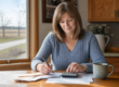 Iowa woman at a kitchen table adding up paperwork with a calculator, calm and focused