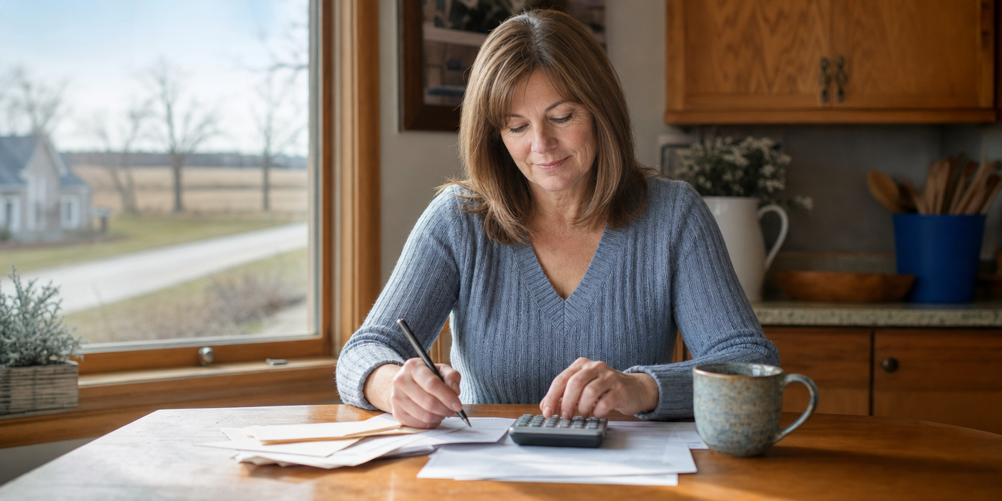 Iowa woman at a kitchen table adding up paperwork with a calculator, calm and focused Iowa woman at a kitchen table adding up paperwork with a calculator, calm and focused