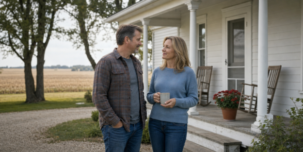Iowa couple talking on the front path of their farmhouse, calm and settled Iowa couple talking on the front path of their farmhouse, calm and settled
