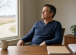 Iowa man sitting back from a desk by a farmhouse window, calm after sorting his paperwork