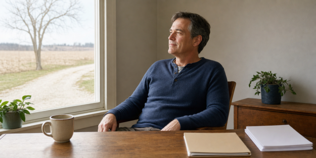 Iowa man sitting back from a desk by a farmhouse window, calm after sorting his paperwork Iowa man sitting back from a desk by a farmhouse window, calm after sorting his paperwork